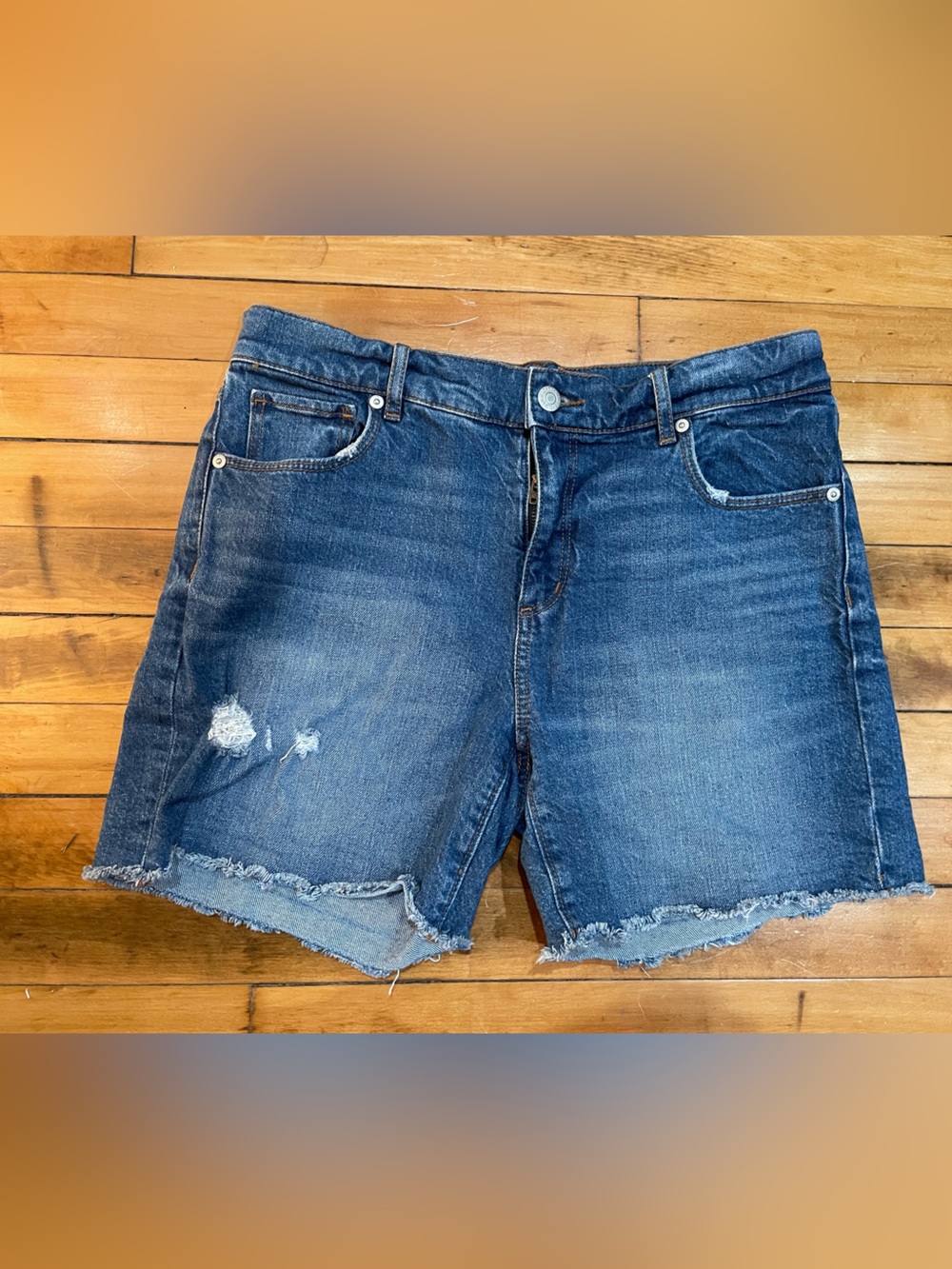 M&L LOFT Frayed Hem Distressed Denim Jean Shorts - Blue Cotton 99%